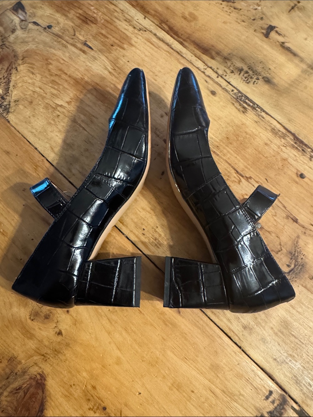 J.Crew Black Croc Embossed Leather Mary Jane Block Heel Pumps Size 7 - Picture 4 of 9